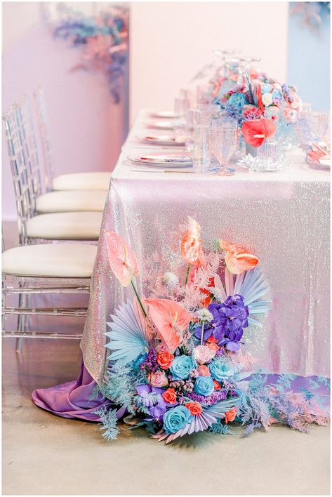 Unicorn Wedding Theme, Lisa Frank Wedding, Irredescent Wedding, Iridescent Wedding Theme, Vaporwave Wedding, Aesthetic Weddings, Mermaid Flowers, Iridescent Wedding, Rainbow Wedding Theme