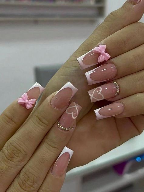 White French Acrylic Nails, Acrylic Nails Tips, Girly Acrylic Nails, French Acrylic Nails, Color Nails, Really Cute Nails, White Nail Designs, Pink Nail Designs, French Tips