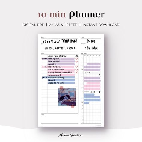 10 Minute Study Planner, Revision Timetable, Daily Study Planner, Daily Planner Digital, Study Routine, Ipad Goodnotes, Study Aesthetics, Desk Planners, Study Schedule