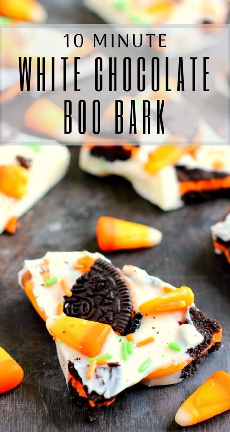 Candy Corn Bark Recipes, Oreo Halloween Bark, Halloween Oreo Dip, Boo Bark Recipe, Halloween Bark Candy White Chocolate, Chocolate Halloween Bark, Halloween Bark Candy, Boo Bark, Pumpkin Bark