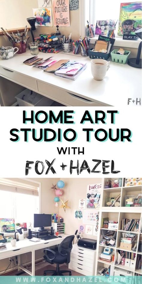 Want to see a real life home art studio? Come tour the studio of Fox + Hazel and see how I work. #homeartstudio #artiststudio #craftroom #craftroomtour #homestudio #hometour Home Office Ikea, Office Ikea, Studio Corner, Dream Art Studio, Art Studio Decor, Ikea Art, Art Studio Inspiration, Art Studio Storage, Small Art Studio