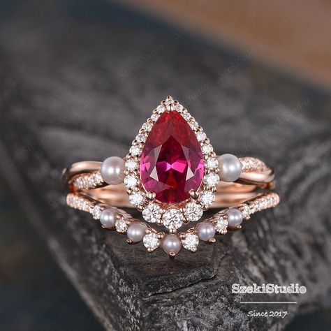 Ruby Pear Engagement Ring, Ruby And Pearl Engagement Ring, Pink Ruby Engagement Ring, Pearl And Ruby Ring, Diamond And Ruby Engagement Rings, Ruby And Pearl Ring, Ruby Engagement Rings, Red Engagement Ring, Ruby Engagement Ring Vintage