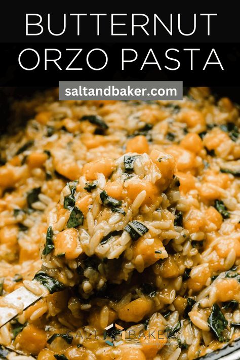 This butternut squash orzo pasta is the ultimate fall dinner. Seasonal squash is paired with kale, parmesan, sage and brown butter for an extremely cozy and satisfying bowl of pasta. Fall Vegetarian Recipes, Butternut Squash Orzo, Squash Orzo, Butternut Squash Recipes Pasta, Butternut Squash Sage, Creamy Orzo, Vegetarian Pasta Dishes, Autumn Recipes Vegetarian, How To Cook Orzo