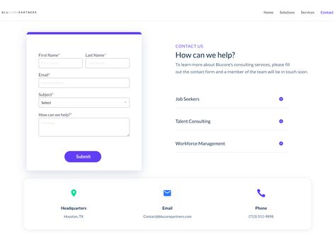 Blucore - contact page website design by Macy Ryan Contact Us Ui Design, Contact Page Website, Contact Form Design, Contact Page Design, Form Design Web, Web Design Inspiration Layout, Contact Us Page Design, Login Page Design, Learn Html And Css