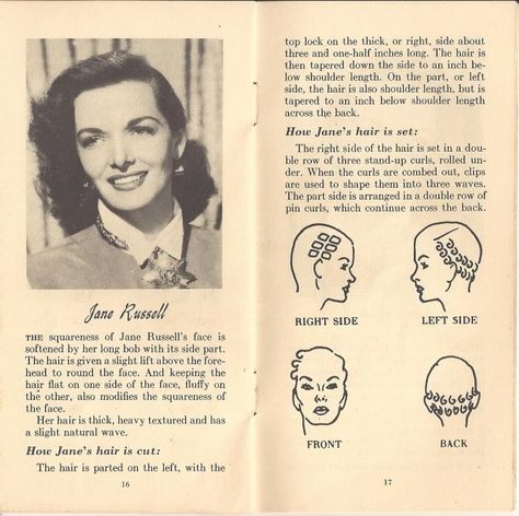 Jane Russell hair set Hair Setting Patterns, Hairstyles Hollywood, 1950's Hair, Hollywood Hairstyles, Styling Books, Vintage Hair And Makeup, 1940s Hair, Hair Sets, Retro Updo