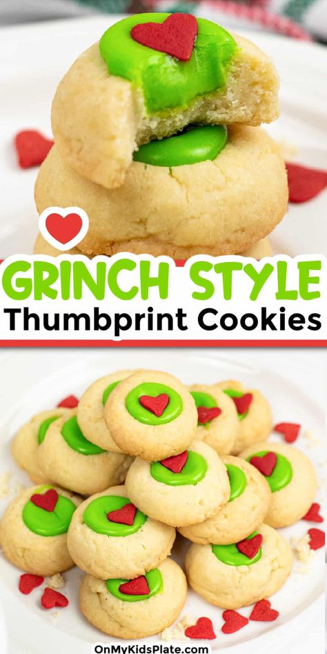 Tall close up image of two thumbprint cookies stacked with green filling and a heart sprinkle, the top cookie missing a bite stacked on top of a second image of a plate of grinch themed thumbprint cookies with title text overlay in between the images. Gingerbear Thumbprint Cookies, Stacked Sprinkle Christmas Cookies, Sugar Thumbprint Cookies, Stacked Sprinkle Cookies, Chocolate Mint Thumbprint Cookies, Grinch Shortbread Cookies, Elf Eating Cookies, Grinch Cake Cookies, Grinch Christmas Cookies Recipes