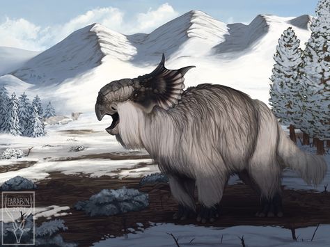 A fluffy Pachyrhinosaurus inspired by the Prehistoric Kingdom game's design. Speculative Evolution, Cool Dinosaurs, Prehistoric Wildlife, Ancient Animals, Prehistoric Art, Paleo Art, Extinct Animals, Alien Creatures, Alien Worlds