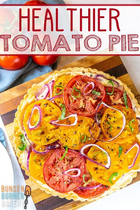 Healthier Tomato Pie Recipe: it's time for a healthier take on Southern tomato pie, enjoying delicious fresh tomato flavor with minimal mayo and a perfectly crispy crust. #bunsenburnerbakery #tomatopie #tomatoes #summer Tired Of Asking, Southern Tomato Pie, Tomato Pie Recipe, Savory Pies Recipes, Bunsen Burner, Tomato Tart, Tomato Pie, Savory Pie, Quiche Recipes