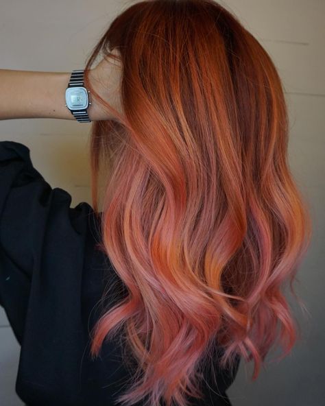 Copper And Pink Hair, Coral Hair, Highlight Ideas, Sunset Hair, Copper And Pink, Creative Hair Color, Hair Color Pink, Hair Color And Cut, Auburn Hair