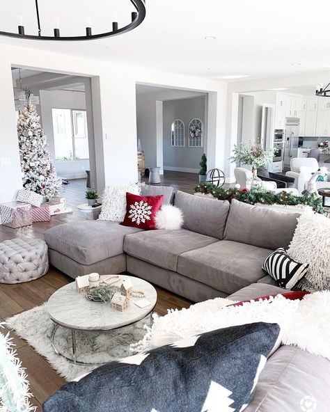 Christmas Sofa Decor, White Christmas Throw Pillows, Color Pillows, Christmas Throw Pillows, Watching Christmas Movies, Warm Wood Flooring, Round Metal Coffee Table, Grey Couch, Off White Walls