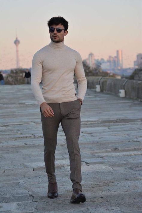 great itemgreat quality but a little on the small side so maybe order a size up! Beige Pants Outfit Men, Beige Color Code, Mens Date Night Outfit, Turtle Neck Outfit Men, Mens Christmas Party Outfit, Turtleneck Outfit Men, Turtleneck And Blazer, Turtleneck Outfits, Male Wardrobe