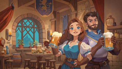 ArtStation - "Ale and Tale Tavern" steam banner Tavern Character Design, Tavern Maiden, Tavern Art, Medieval Tavern, Novel Ideas, Fantasy Novels, 2d Art, Larp, Science Fiction