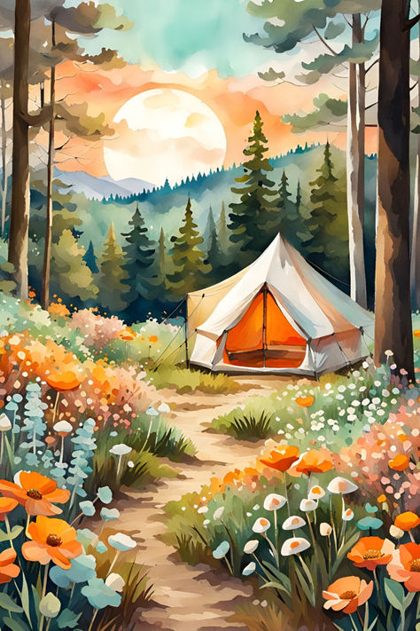 Spring camping aesthetic pastel watercolor art Spring Camping Aesthetic, Campsite Drawing, Campsite Aesthetic, Spring Aesthetic Pastel, Woodland Aesthetic, Cozy Tent, Luxury Boho, Spring Camping, Camping Aesthetic