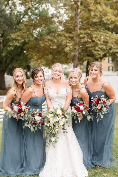 I loved everything about these neutral and blush wedding bouquets and these slate blue bridesmaid dresses from this slate, black, and blush wedding from Jill Gum Photography!  #weddingphotographer  #weddingbouquet #bridesmaiddresses Slate Blue And Pink Wedding, Slate Blue Wedding Flowers, Neutral And Blush Wedding, Slate Blue And Burgundy Wedding, Dusty Blue Bridesmaid Black Groomsmen, Slate Blue Wedding Palette, Birdy Grey Blue Bridesmaid, Blue Bridesmaid Dresses Fall, Birdy Grey Slate Blue