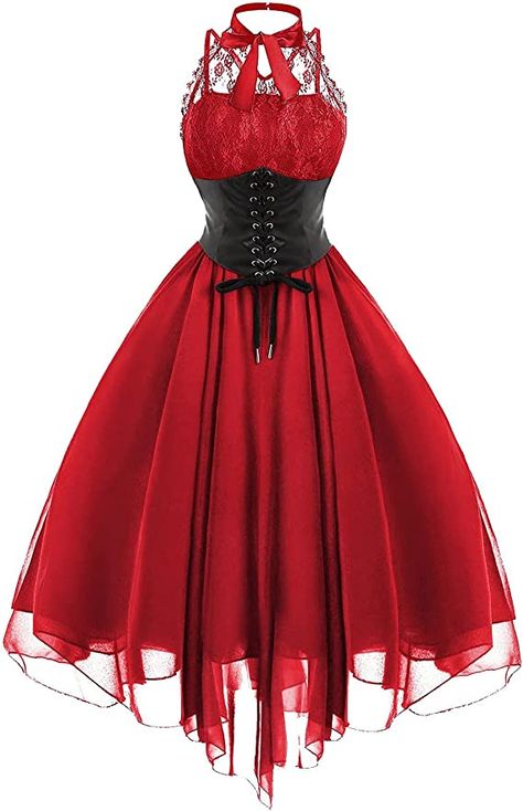 Amazon.com: Women's Sleeveless Gothic Lace Dress with Corset Halter Lace Swing Cocktail Dress : Clothing, Shoes & Jewelry Halter Backless Dress, Vintage Red Dress, Vintage Party Dresses, Dress With Corset, Punk Dress, Grunge Dress, Lace Party Dresses, Goth Dress, Vestidos Vintage