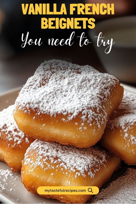 Indulge in the light and fluffy goodness of homemade vanilla French beignets! These delightful pastries are dusted with powdered sugar, making them the perfect treat for breakfast or dessert. French Beignets, Beignet Recipe, Classic French Desserts, Chocolate And Vanilla Cake, Vanilla Recipes, Dessert Easy, French Desserts, Homemade Vanilla, Classic Desserts