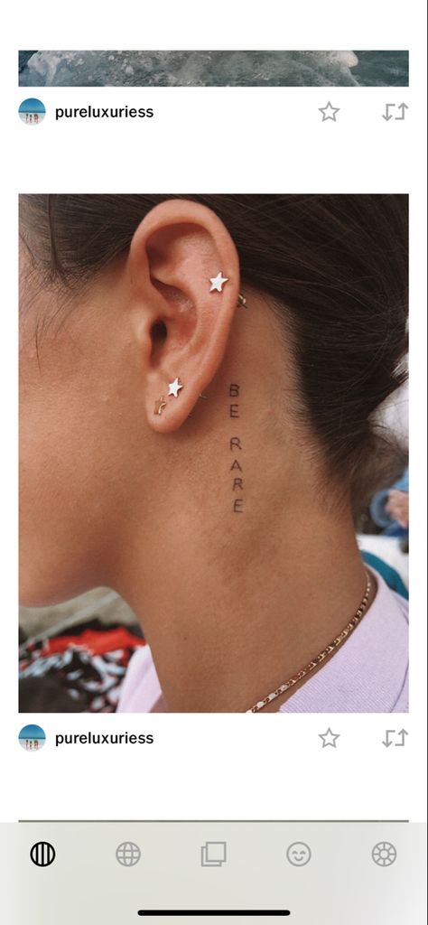 Behind Ear Tattoos For Women Words, Behind The Ear Down Neck Tattoo Ideas, Behind The Ear Writing Tattoo, Behind The Ear Word Tattoo Ideas, Small Tattoos Behind The Ear Meaningful, Side Neck Tattoos Women Ideas Words, Behind Ear Tattoo Writing, Behind Ear Word Tattoo, Behind Ear Tats Words