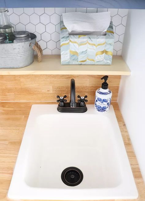 Utility Room Sink Cabinet, Small Sink For Laundry Room, Tiny Laundry Sink, Small Sinks For Laundry Room, Small Sink In Laundry Room, Laundry Room Bathroom Combo Utility Sink, Corner Sink In Laundry Room, Laundry Room With Small Sink, Small Laundry Sink Ideas