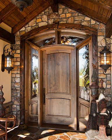 Large Wood Doors Entrance, Fancy Front Doors, Large Wood Front Door, Ranch Style Front Door, Cabin Front Door Ideas, Rustic Interior Doors, Custom Front Door, Canada Lake, Door With Sidelights