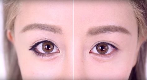 Downwards Eyeliner, Puppy Eyeliner Hooded Eyes, Puppy Eyes Makeup, Korean Beauty Makeup, Gradient Lips, Contour Makeup Tutorial, Doe Eyes, Puppy Eyes, Eyeliner Looks