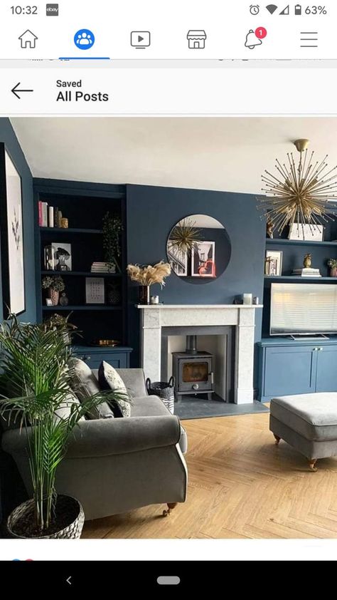 Blue Themed Living Room, Dark Snug, Blue Feature Wall Living Room, Livibg Room, Living Room Alcove, Living Room Design Blue, Farrow And Ball Living Room, Lounge Room Styling, Living Room Panelling