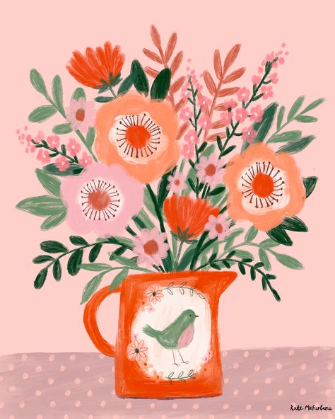 An illustration of a bunch of flowers in an orange jug on a spotty tablecloth against a pink background, by Kate McFarlane. Illustration Styles Inspiration, Kate Mcfarlane, Rhino Illustration, Floral Acrylic Painting, Painting On Canvas For Beginners, Window Illustration, Jungle Illustration, Acrylic Painting Ideas, Canvas For Beginners