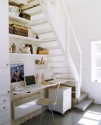 Nostalgia and Now: stairs Desk Under Stairs, Office Under Stairs, Scale Loft, Space Under Stairs, Office Shelves, Open Stairs, Stairs Ideas, Loft Stairs, Under The Stairs