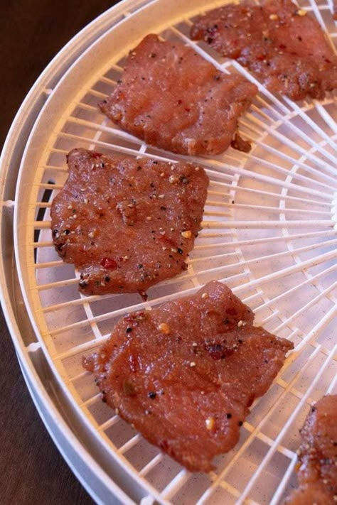 Pork jerky on dehydrator trays Dehydrator Jerky, Jerky Dehydrator Recipes, Pork Jerky Recipe, Dehydrator Recipes Jerky, Jerkey Recipes Dehydrator Beef, Jerkey Recipes Dehydrator Pork, Pork Jerky Recipe Dehydrator, Spicy Beef Jerky Recipe Dehydrator, Biltong Recipe Dehydrator