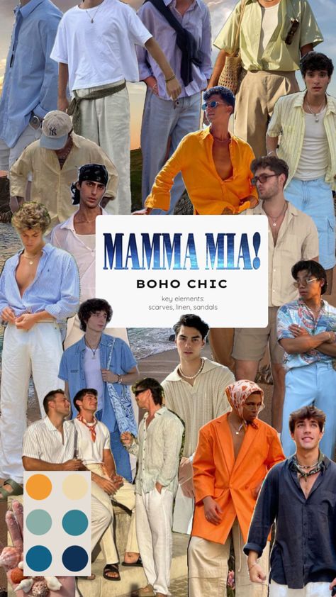 Summer outfit ideas for men Men Mamma Mia Outfit, Mama Mia Party Outfit Men, Party Theme Dress Code Ideas, Mamma Mia Outfits Party Men, Mamma Mia Guys Outfits, Abba Outfits Men, Mamma Mia Night Party, Tulum Outfits Ideas Men, Mamma Mia Men