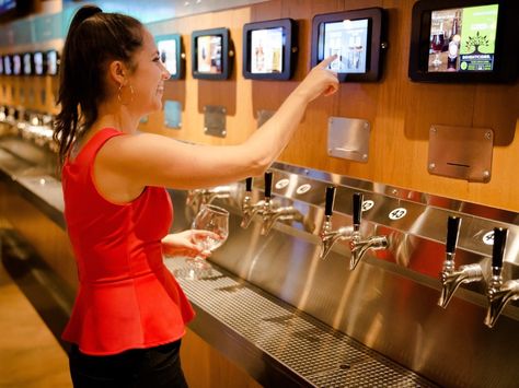 Touch-Screen Self-Serve Taps Take Off As Costs Rise For Bars : NPR Beer Wall, Senior Living Communities, Self Serve, Beer Taps, Retail Interior, Tap Room, Cold Brew Coffee, Steel Wall, Wine Bar