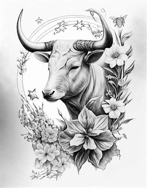 Bull And Flowers Tattoo, Taurus Neck Tattoo, Bull With Flowers Tattoo, Bull Tattoo Sleeve, Spine Tattoo Sketch, Bull Flower Tattoo, Ox Tattoo Design, Taurus Back Tattoo, Taurus Sketch