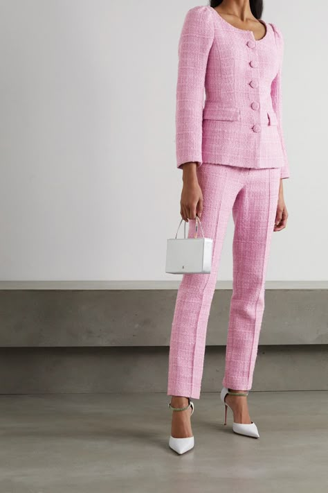 Tweed Pants Outfit, Tweed Suit Women, Tweed Jacket Outfit, Pink Tweed Dress, Tweed Fashion, Pink Tweed Jacket, Tweed Outfit, Huishan Zhang, Tweed Set