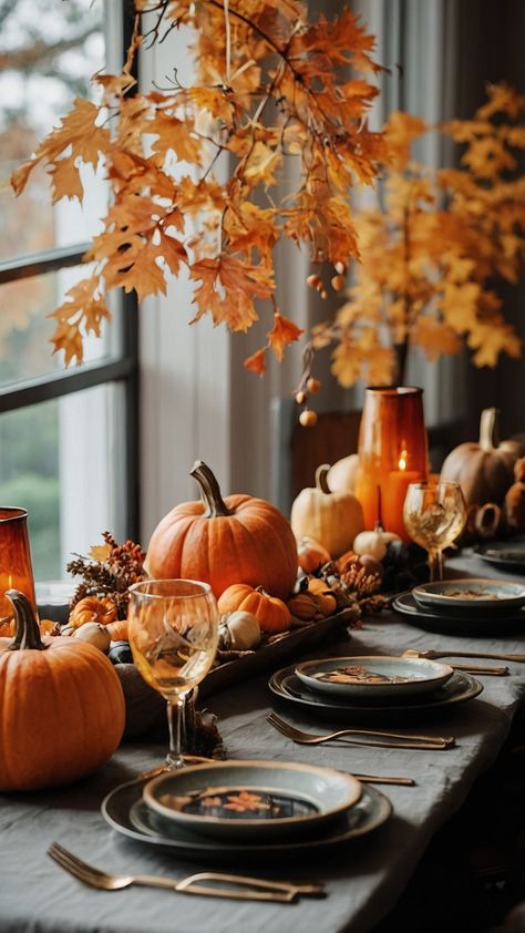 Create a stunning autumn table setting with rustic and elegant vibes for your upcoming wedding Elevate your fall decor with these round table centerpiece ideas including dollar tree finds and beautiful casual dining room inspiration Discover budget-friendly autumn dining room decor that will leave guests in awe Dinner Table Fall Decor, Fall Place Settings, Fall Dinner Table, Autumn Table Decorations, Fall Table Settings Autumn, Round Table Settings, Thanksgiving Setting, Casual Table Settings, Autumn Dinner