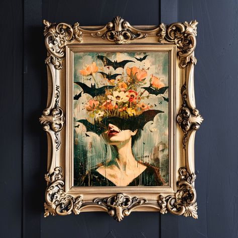 Gothic Floral Home Decor, Eclectic Dark Academia, Halloween Shuffle, Whimsigoth Art, Bat Painting, Dark Maximalism, Whimsigoth Decor, Pastel Goth Decor, Brick Cottage