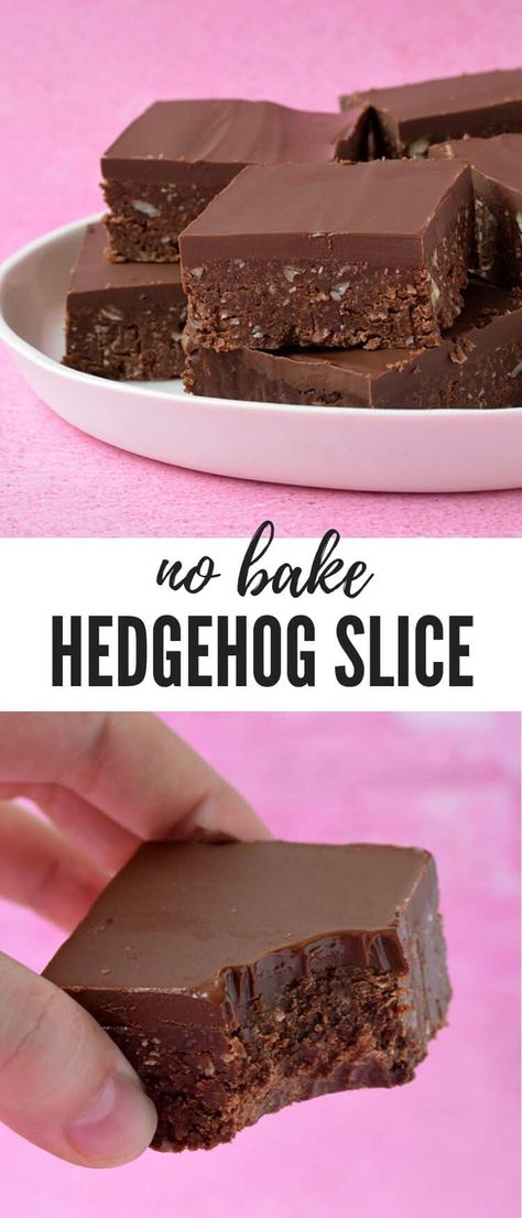 The perfect no bake Hedgehog Slice. Filled to the brim with crushed cookies, coconut, hazelnuts and chocolate, this mouthwatering slice makes for a seriously sweet treat. Recipe from sweetestmenu.com #slice #chocolate #nobake #dessert #nutella Peanut Slice Recipe, Chocolate Hedgehog Slice, No Bake Chocolate Slice Recipe, Hedgehog Slice Recipe, No Bake Traybake Recipes, Slices Recipes Easy, No Bake Slice, Christmas Slice, Fudge Slice