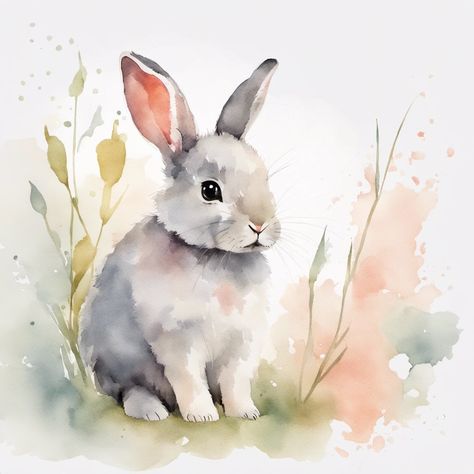 Watercolour Rabbits, Bunny Watercolor Painting, Watercolour Rabbit, Animal Sketches Easy, Rabbit Sitting, Detailed Watercolor, Whimsical Art Paintings, Bunny Watercolor, Bunny Painting