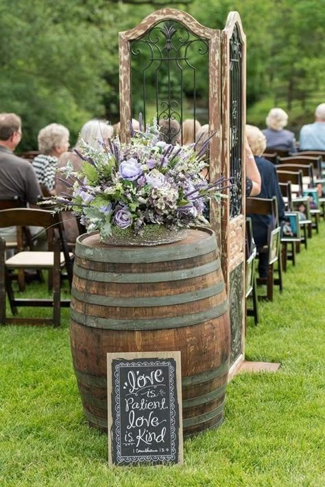 Rustic alter arrangement , great for podiums or whiskey barrel toppers. This arrangement is made of lavender, cream and greenery stems in a garden gathered arrangement, finished off with sequenced wrapped base Wedding Whiskey Barrel Decor, Whiskey Barrel Wedding Decor, Rustic Alter, Lake Theme Wedding, Whiskey Barrel Flowers, Whiskey Barrel Decor, Rustic Purple Wedding, Barrel Wedding Decor, Barrel Flowers