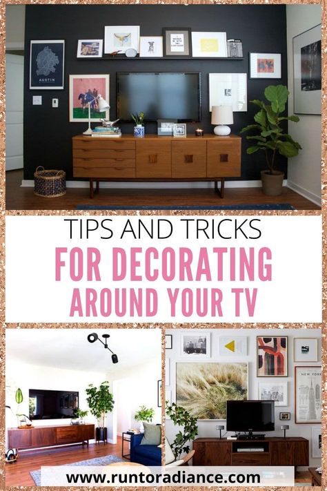 How to decorate around a tv. Read more here for fun decorating tips and tricks and DIY ideas on how to decorate around your tv. #runtoradiance #decorating #decortips #livingroom #diy #tvdecor Large Blank Wall Ideas Living Rooms With Tv, Art Around Tv On Wall Mounted, Decorate Next To Tv, Decorating Around Mounted Tv, Wall Art Above Tv Ideas, Prints Around Tv, Decor Around Large Tv, Living Room Wall Art Above Tv, How To Decorate Under Tv