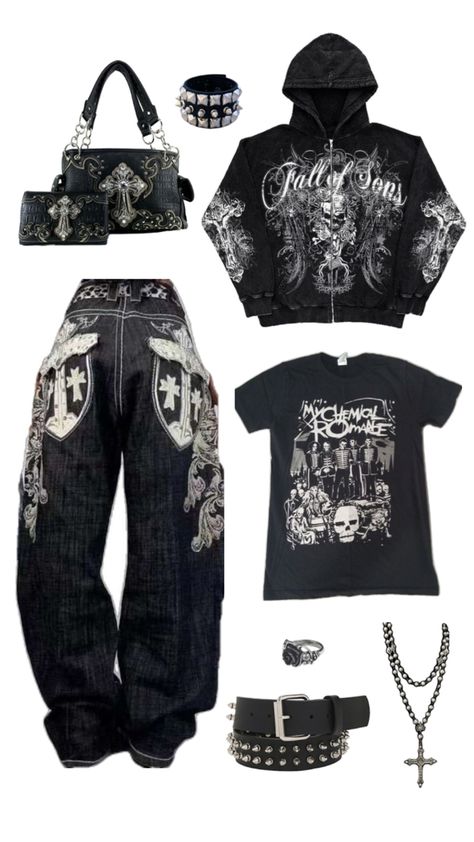 2000’s emo outfit inspo bundle alt alternative skate grunge opiumcore How To Make Grunge Clothes, Goth Outfits Y2k, Alt Outfit Board, Emoish Outfits, Winter Emo Outfits Cold Weather, Baggy Punk Outfits, Y2k Emo Clothes, Early 2000s Grunge Fashion, Black Grunge Aesthetic Outfit