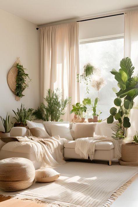 Boho House Plants, Indoor Colour Ideas, How To Arrange Plants In Living Room, Indoor Plants Styling Living Rooms, Minimalist Bohemian Living Room, Minimalist Boho Living Room, Living Room With Plants, Plant Living Room, Natural Living Room Decor