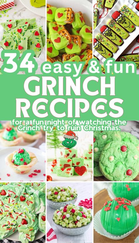 Plan a festive movie night with these green Grinch-inspired recipes! These Grinch-inspired recipes are scrumptious and add a festive, fun twist to your holiday feast or Christmas party. Dive into these magical holiday delights, and who knows – they may even make your heart grow three sizes! Recipes inspired by the Grinch Who Stole Christmas! Recipes for Grinch party! Perfect Christmas treats! Grinch Dessert Ideas, Grinch Recipes, Grinch Christmas Treats, Grinch Snack, Grinch Cocktail, Grinch Cake, Grinch Cookies, The Grinch Movie, Recipes For Christmas