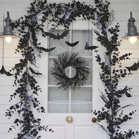 Halloween Garland Foliage Door Kit with Webbing and Hanging Bats and Wreath Halloween Door Decoration, Black Eucalyptus, Hanging Bats, Artificial Eucalyptus Garland, Bat Decorations, Halloween Bat Decorations, Hanging Bat, Halloween Garland, Halloween Door Decorations