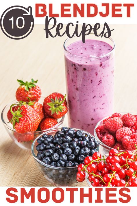 10 BlendJet Reicpes and Smoothies you can make. A glass full of a berry smoothie and on the table by it is bowls of fresh strawberries, blueberries, raspberries, and cherries! Morning Blender Drinks, Small Blender Smoothies, Blend Jet Smoothie Recipes Healthy, Blender Jet Recipes Healthy, Recipes For Blend Jet, Mini Blender Smoothie Recipes, Recipes For Portable Blender, Jet Blender Recipes, Blenjet2 Recipes