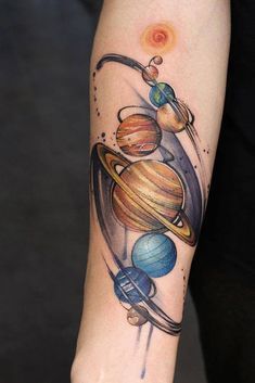 Popular Tattoo Ideas, Cosmic Tattoo, Solar System Tattoo, Doodles Ideas, Astronaut Tattoo, Watercolor Geometric, Money Tattoo, Planet Tattoos, Galaxy Tattoo