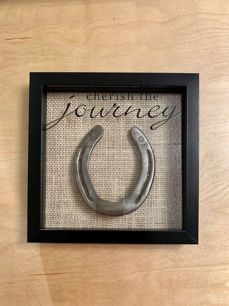 Can use your horse's shoe if you prefer. Can customize with any color text. Horse Hames Decor, Cowboy Crafts, Good Luck Horseshoe, Burlap Background, Horseshoe Decor, Horseshoe Crafts, Horseshoe Art, Lucky Horseshoe, For Good Luck