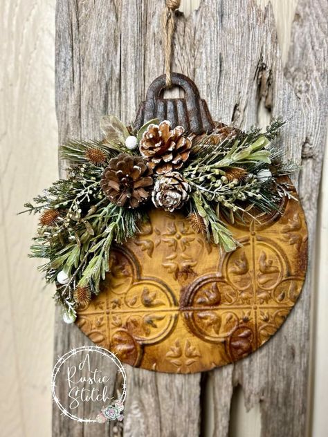 Dollar Tree Faux Tin Tile Christmas Tree, Tin Tile Ornaments, Dollar Tree Tile Diy, Dollar Tree Tile Christmas Tree, Dollar Tree Tin Tile Crafts, Dollar Tree Faux Tin Tile Crafts, Dollar Tree Tile Crafts, Dollar Tree Wall Tiles, Rustic Christmas Crafts