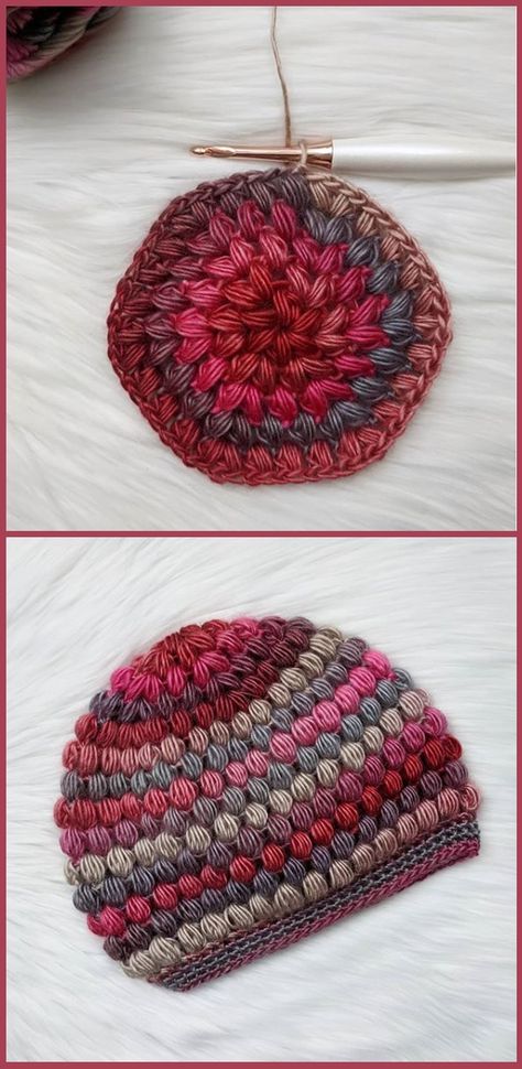 Puff Stitch Crochet Tutorial (+ Puff Stitch Beanie) – Tutorials & More Puff Stitch Beanie Free Pattern, Crochet Puff Stitch Hat Free Pattern, Crochet Puff Stitch Tutorial, Puff Crochet Stitch, Puff Stitch Crochet Pattern, Puff Stitch Crochet Tutorial, Puff Stitch Crochet Hat, Crochet Puff Stitch Hat, Cap Design Ideas