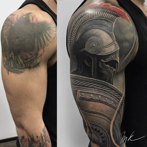 Fotografia Tattoo Knight, Tattoo Sleeve Cover Up, Arm Cover Up Tattoos, Cover Up Tattoos For Men, Gladiator Tattoo, Mangas Tattoo, Best Cover Up Tattoos, Spartan Tattoo, Black Tattoo Cover Up