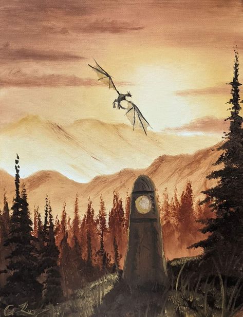 Skyrim Art Drawing, Skyrim Illustration, Skyrim Painting, Skyrim Scenery Landscapes, Skyrim Whiterun Art, Dragon Illustration, Standing Stone, Dragon Drawing, Skyrim