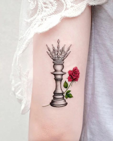 Chess Queen Tattoo, Queen Chess Piece Tattoo, Chess Tattoos, Piece Tattoo Ideas, Xmas Tattoo, Chess Piece Tattoo, Queen Tattoo Designs, Chess Tattoo, Queen Of Hearts Tattoo